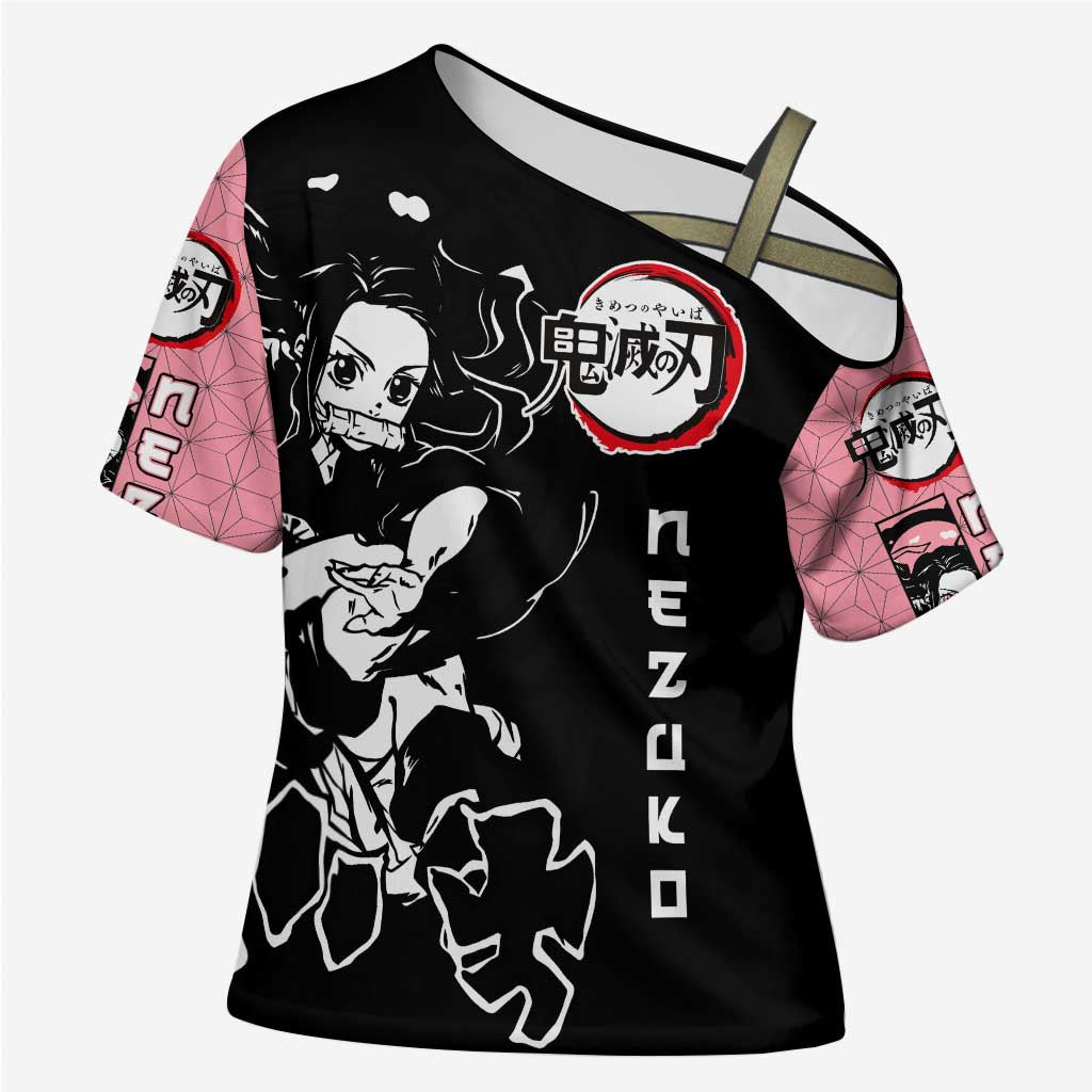 Nezuko Demon Slayer Cross Shoulder Shirt with Pink and Black Manga Style Design - The Mazicc