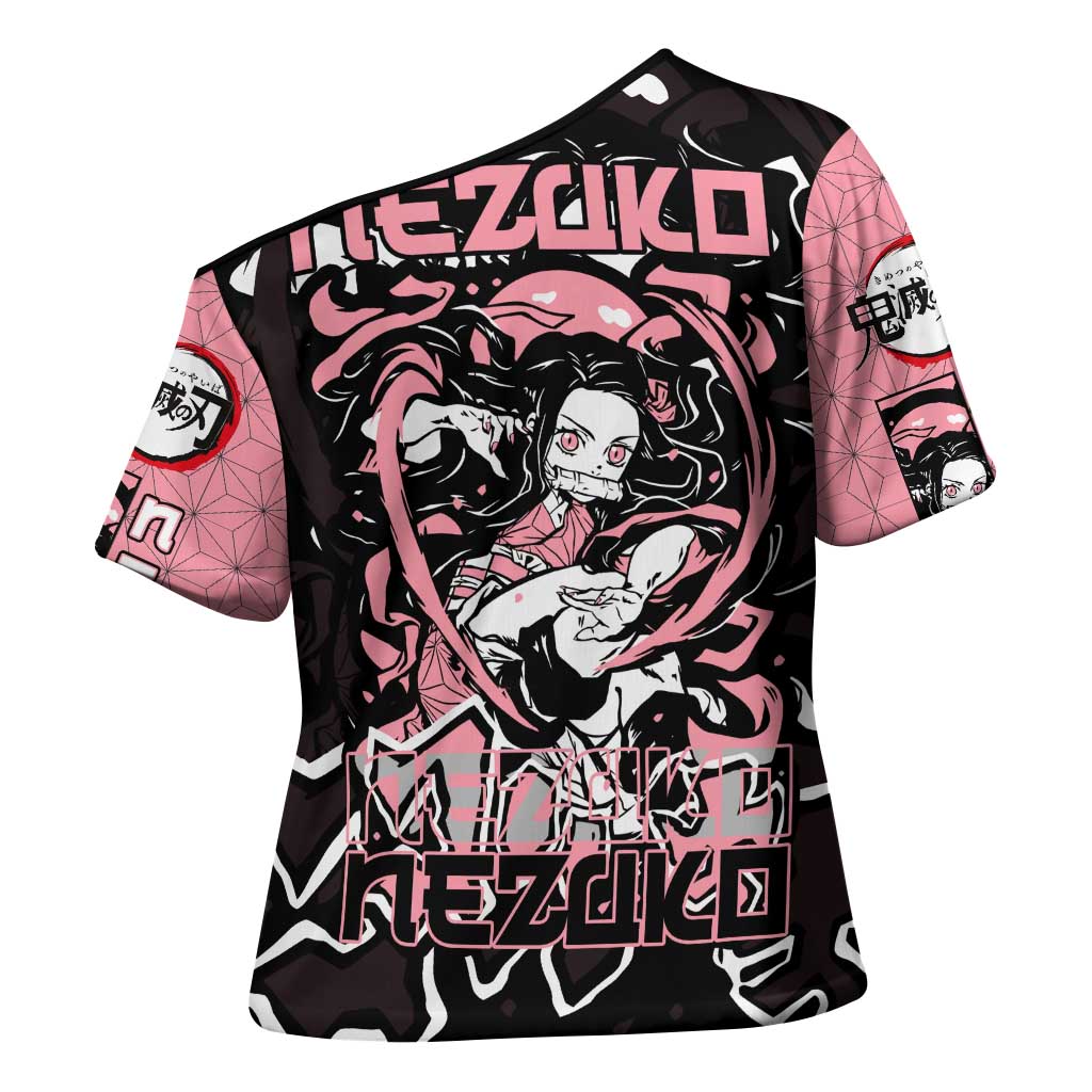 Nezuko Demon Slayer Cross Shoulder Shirt with Pink and Black Manga Style Design - The Mazicc