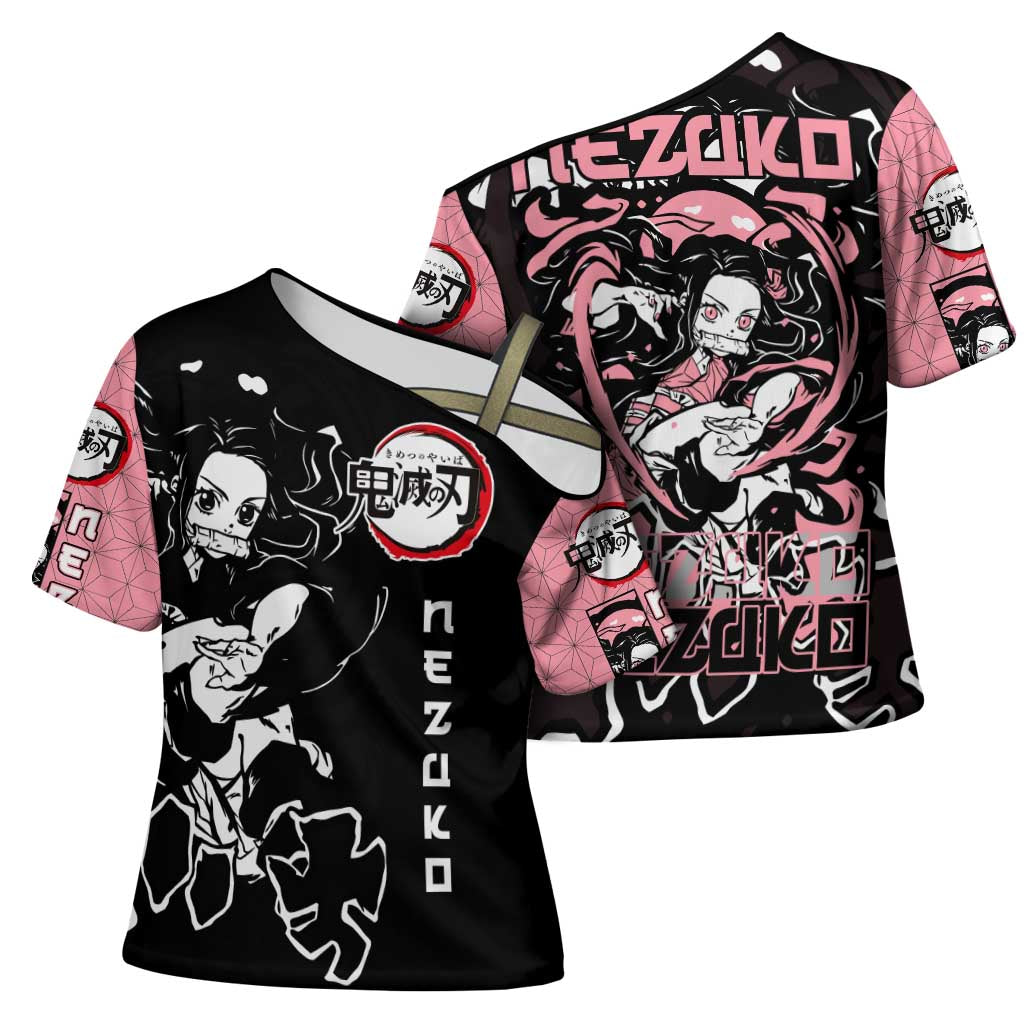 Nezuko Demon Slayer Cross Shoulder Shirt with Pink and Black Manga Style Design - The Mazicc