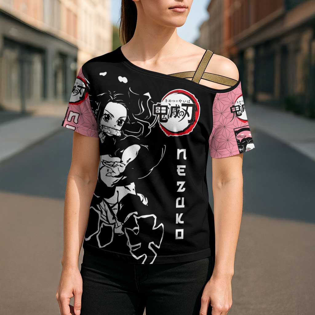 Nezuko Demon Slayer Cross Shoulder Shirt with Pink and Black Manga Style Design - The Mazicc