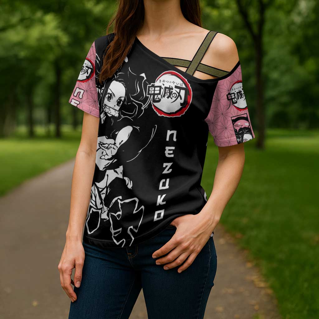 Nezuko Demon Slayer Cross Shoulder Shirt with Pink and Black Manga Style Design - The Mazicc