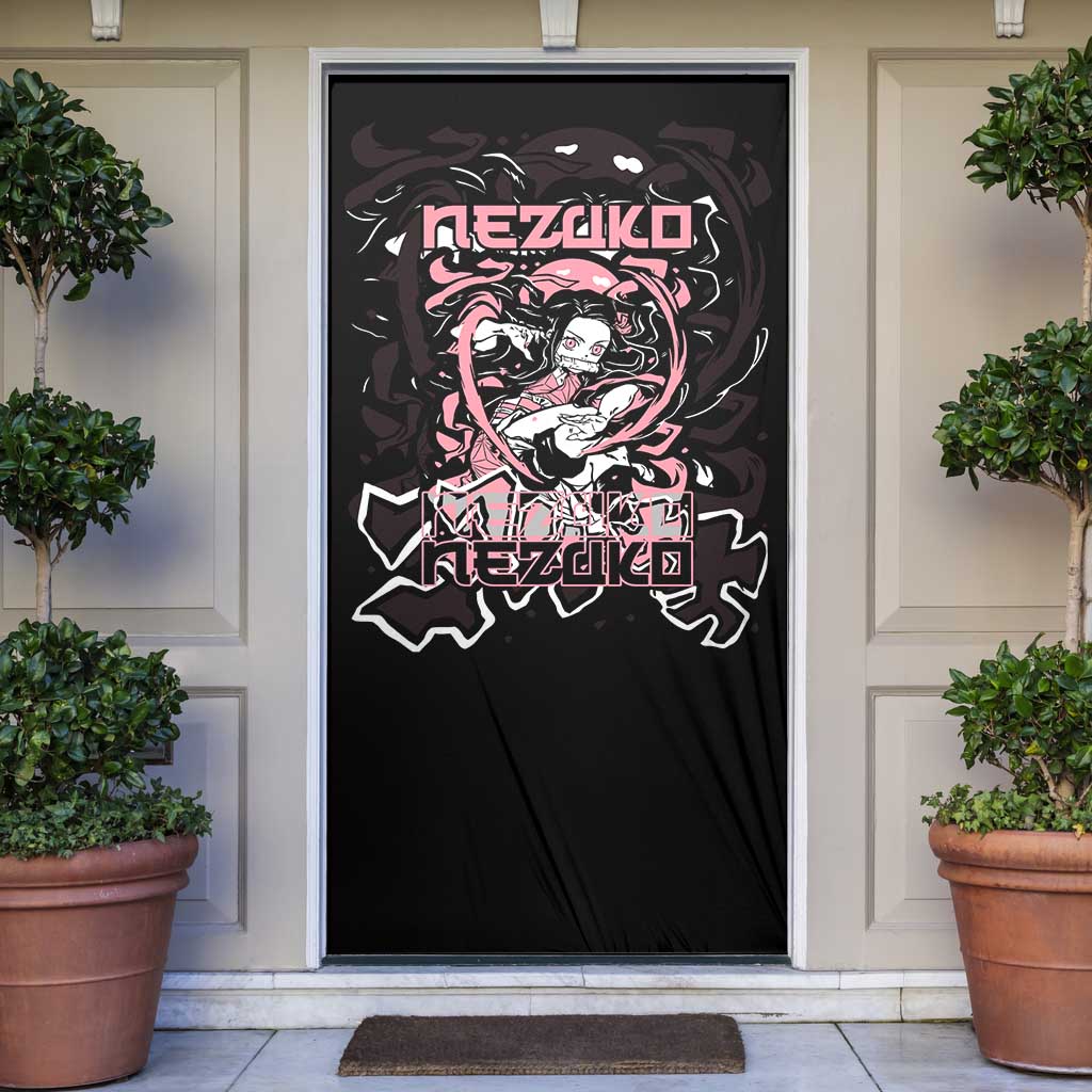 Nezuko Demon Slayer Door Cover with Pink and Black Manga Style Design - The Mazicc