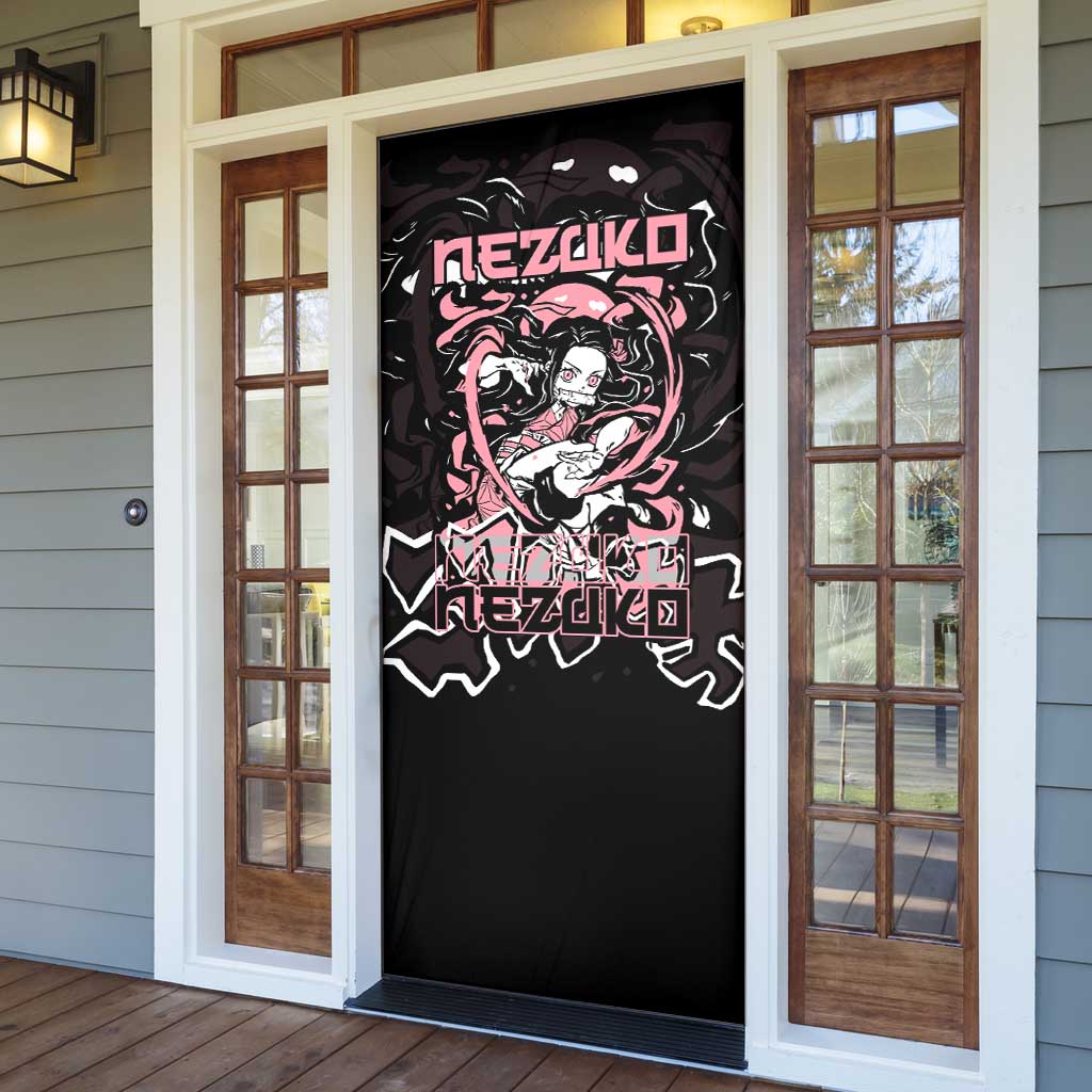 Nezuko Demon Slayer Door Cover with Pink and Black Manga Style Design - The Mazicc
