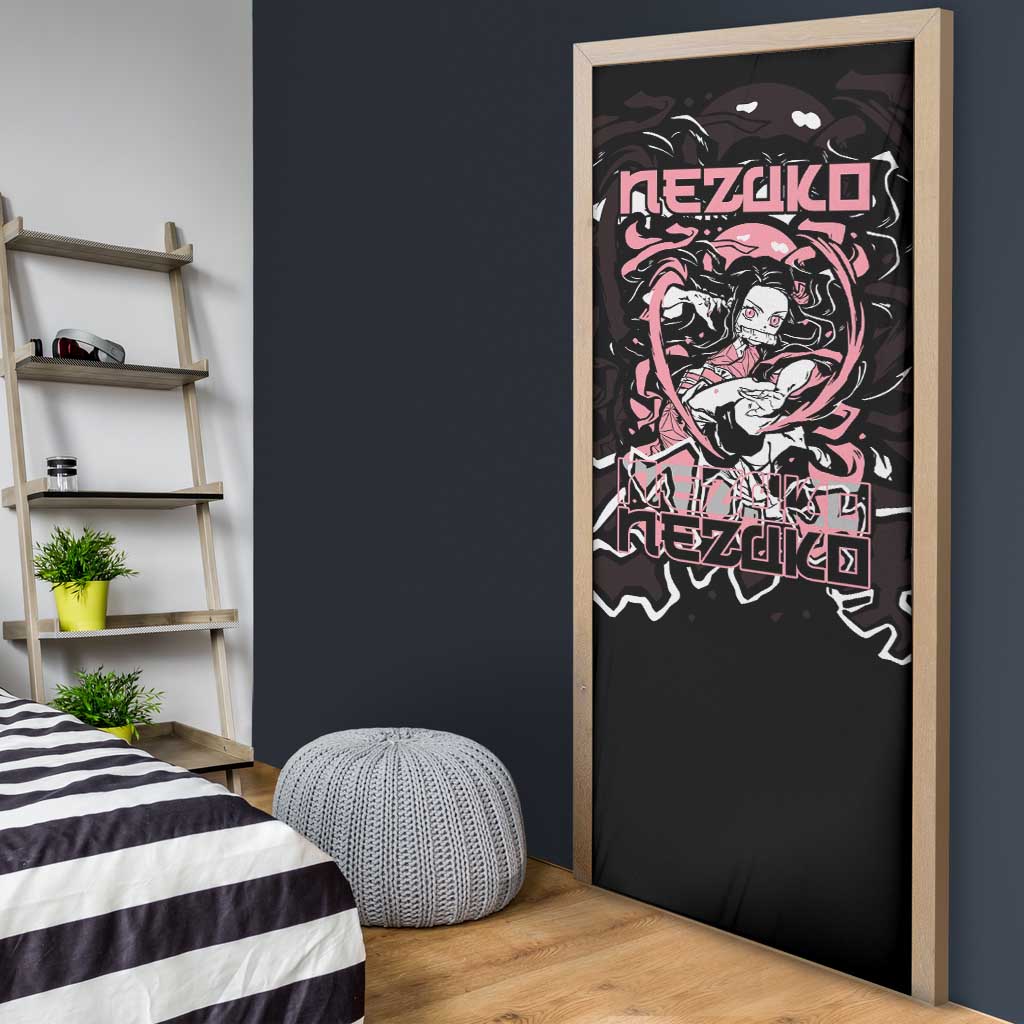 Nezuko Demon Slayer Door Cover with Pink and Black Manga Style Design - The Mazicc