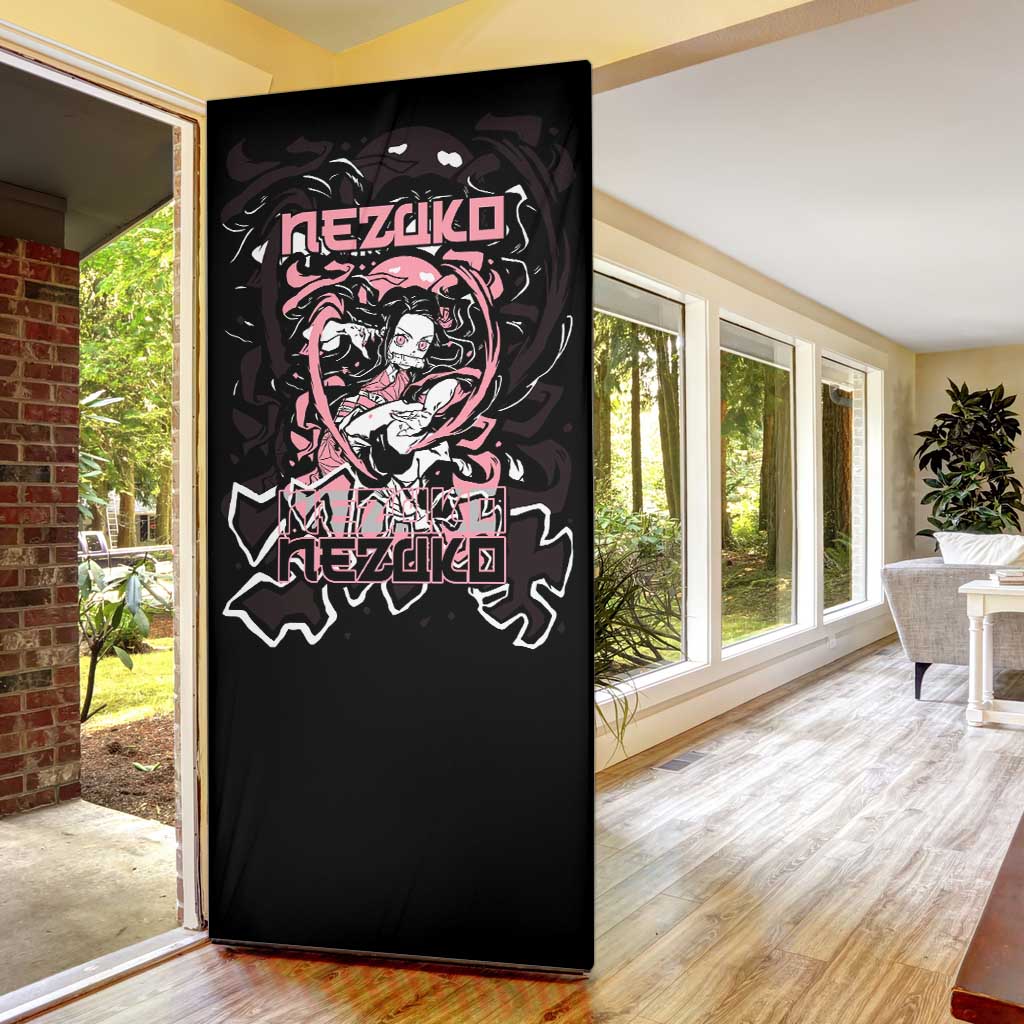 Nezuko Demon Slayer Door Cover with Pink and Black Manga Style Design - The Mazicc