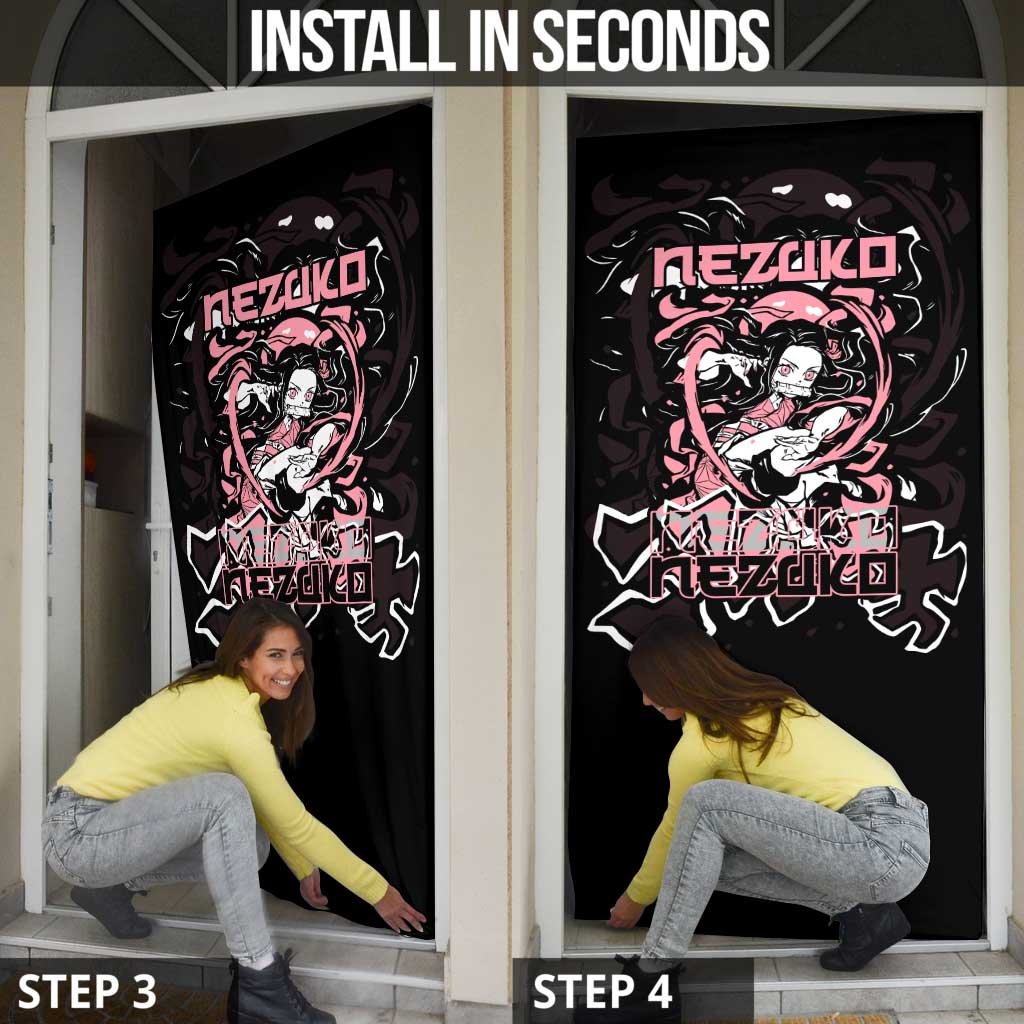 Nezuko Demon Slayer Door Cover with Pink and Black Manga Style Design - The Mazicc