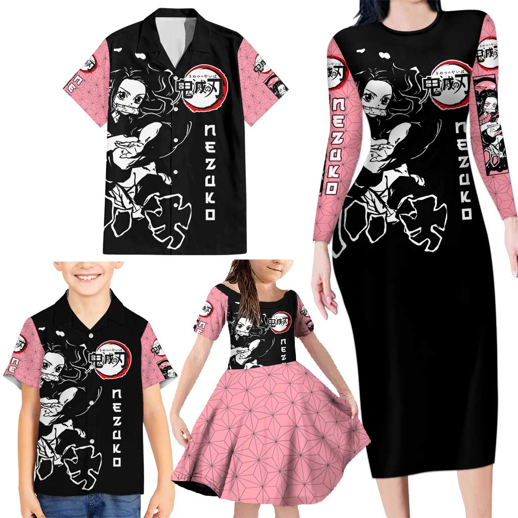 Nezuko Demon Slayer Family Matching Long Sleeve Bodycon Dress and Hawaiian Shirt with Pink and Black Manga Style Design - The Mazicc
