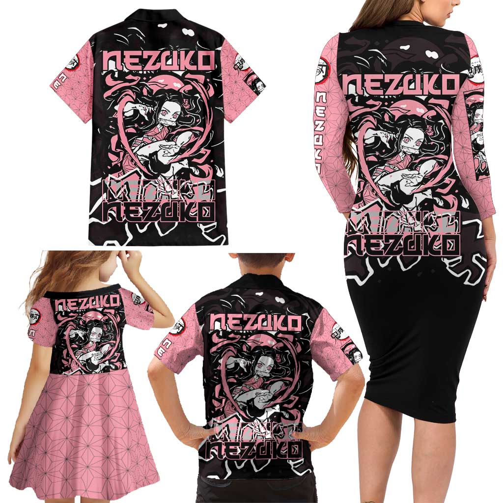 Nezuko Demon Slayer Family Matching Long Sleeve Bodycon Dress and Hawaiian Shirt with Pink and Black Manga Style Design - The Mazicc