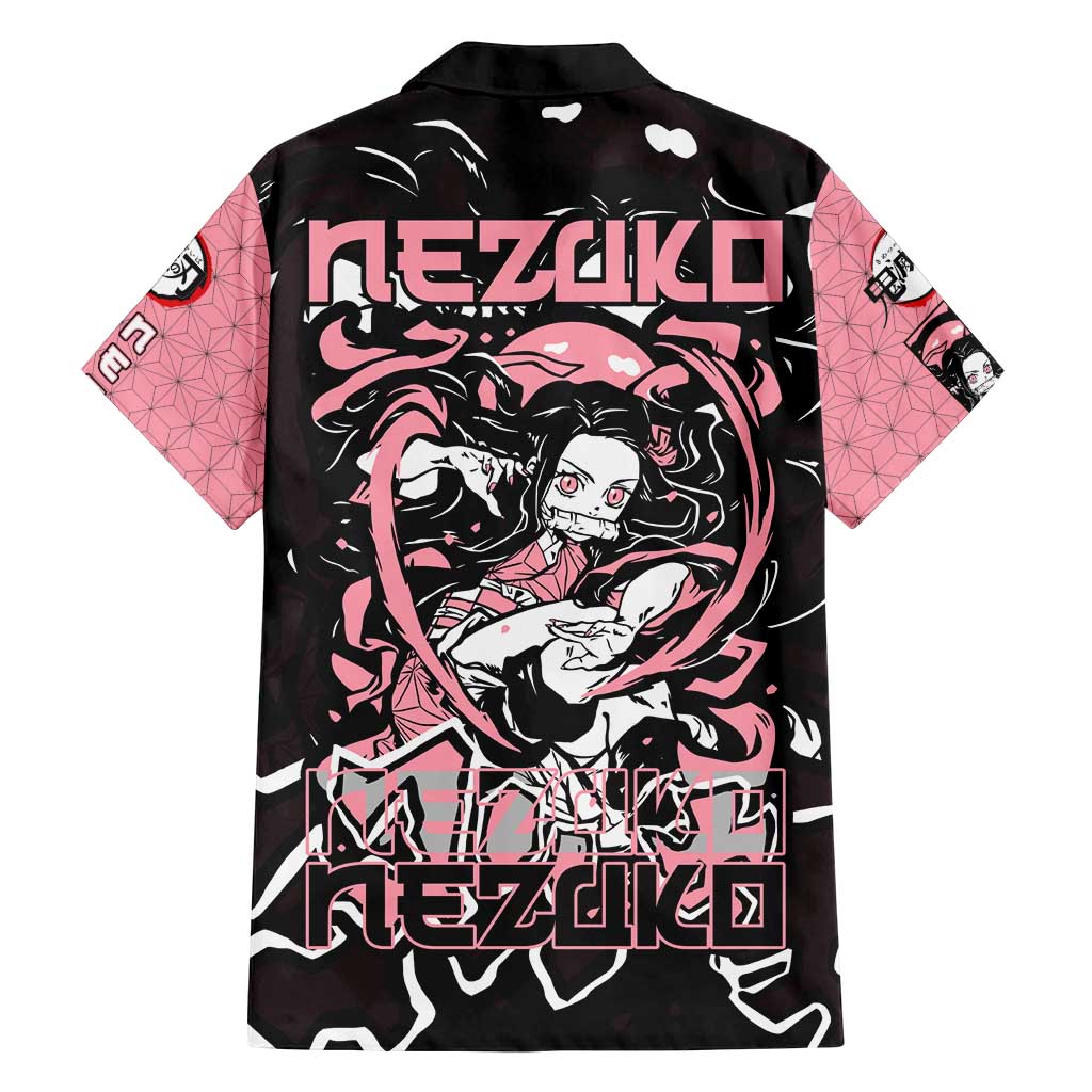 Nezuko Demon Slayer Family Matching Long Sleeve Bodycon Dress and Hawaiian Shirt with Pink and Black Manga Style Design - The Mazicc