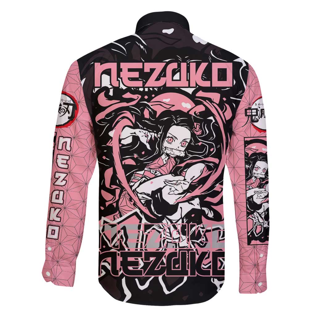 Nezuko Demon Slayer Family Matching Long Sleeve Bodycon Dress and Hawaiian Shirt with Pink and Black Manga Style Design - The Mazicc