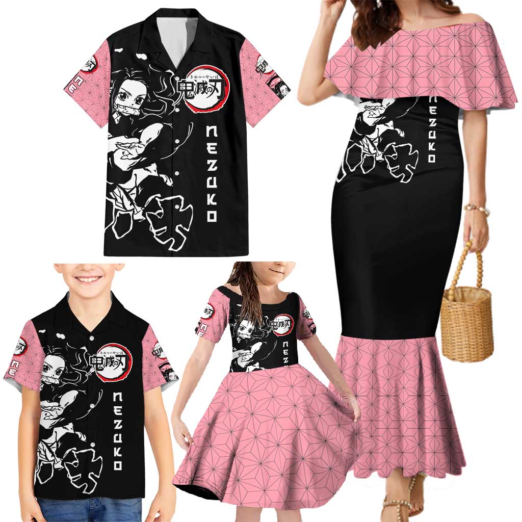 Nezuko Demon Slayer Family Matching Mermaid Dress and Hawaiian Shirt with Pink and Black Manga Style Design - The Mazicc