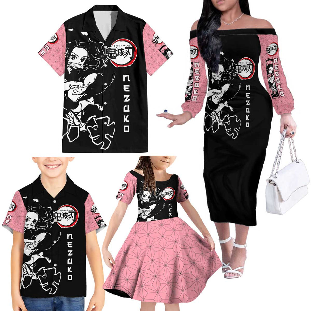 Nezuko Demon Slayer Family Matching Off The Shoulder Long Sleeve Dress and Hawaiian Shirt with Pink and Black Manga Style Design - The Mazicc