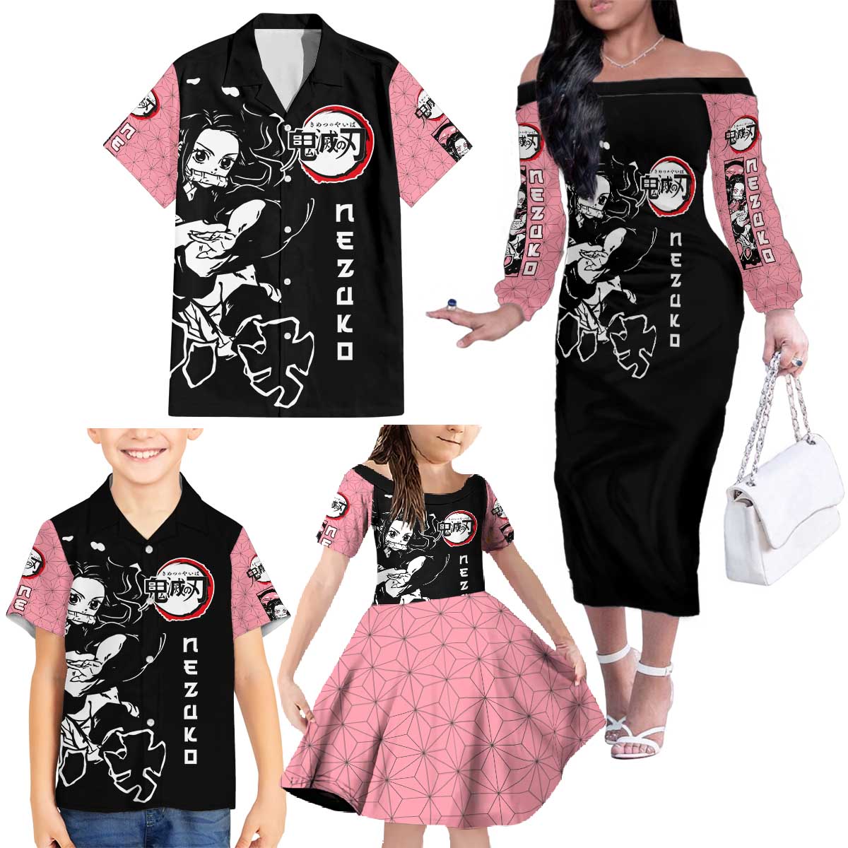 Nezuko Demon Slayer Family Matching Off The Shoulder Long Sleeve Dress and Hawaiian Shirt with Pink and Black Manga Style Design - The Mazicc