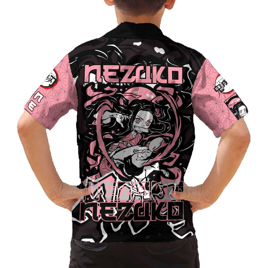Nezuko Demon Slayer Family Matching Off The Shoulder Long Sleeve Dress and Hawaiian Shirt with Pink and Black Manga Style Design - The Mazicc