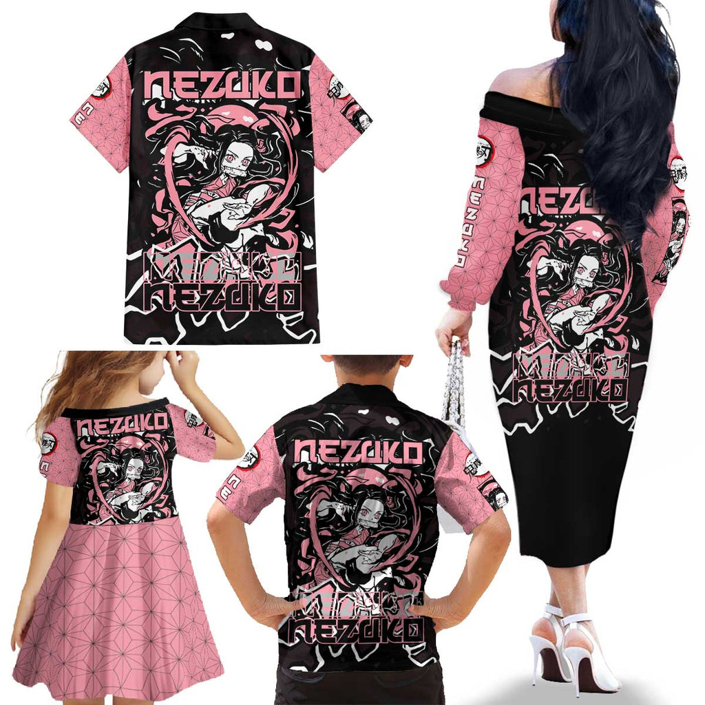 Nezuko Demon Slayer Family Matching Off The Shoulder Long Sleeve Dress and Hawaiian Shirt with Pink and Black Manga Style Design - The Mazicc