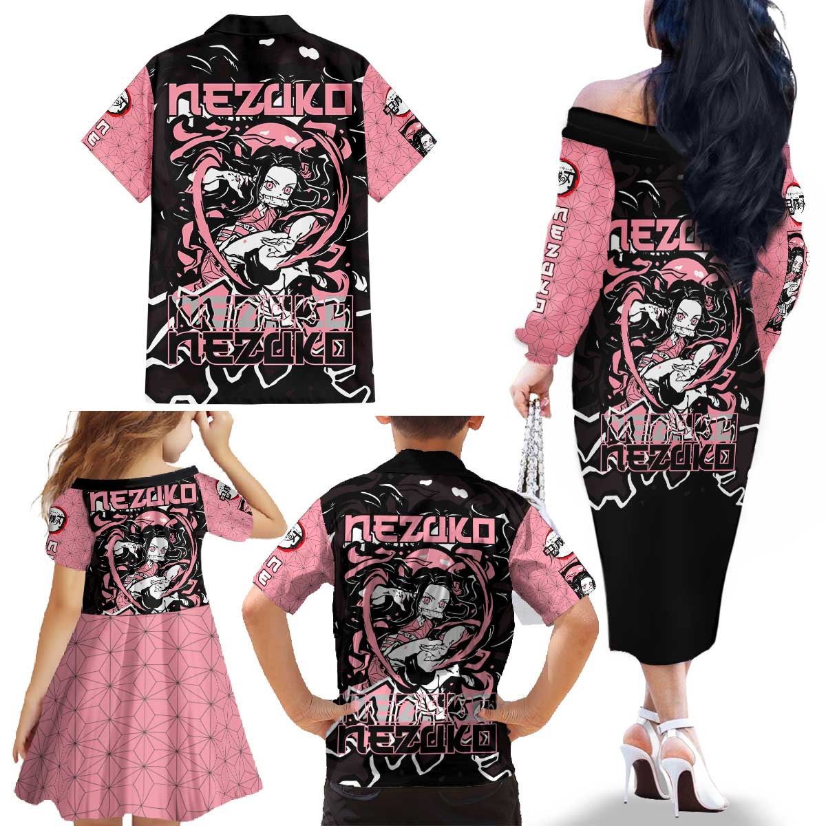 Nezuko Demon Slayer Family Matching Off The Shoulder Long Sleeve Dress and Hawaiian Shirt with Pink and Black Manga Style Design - The Mazicc