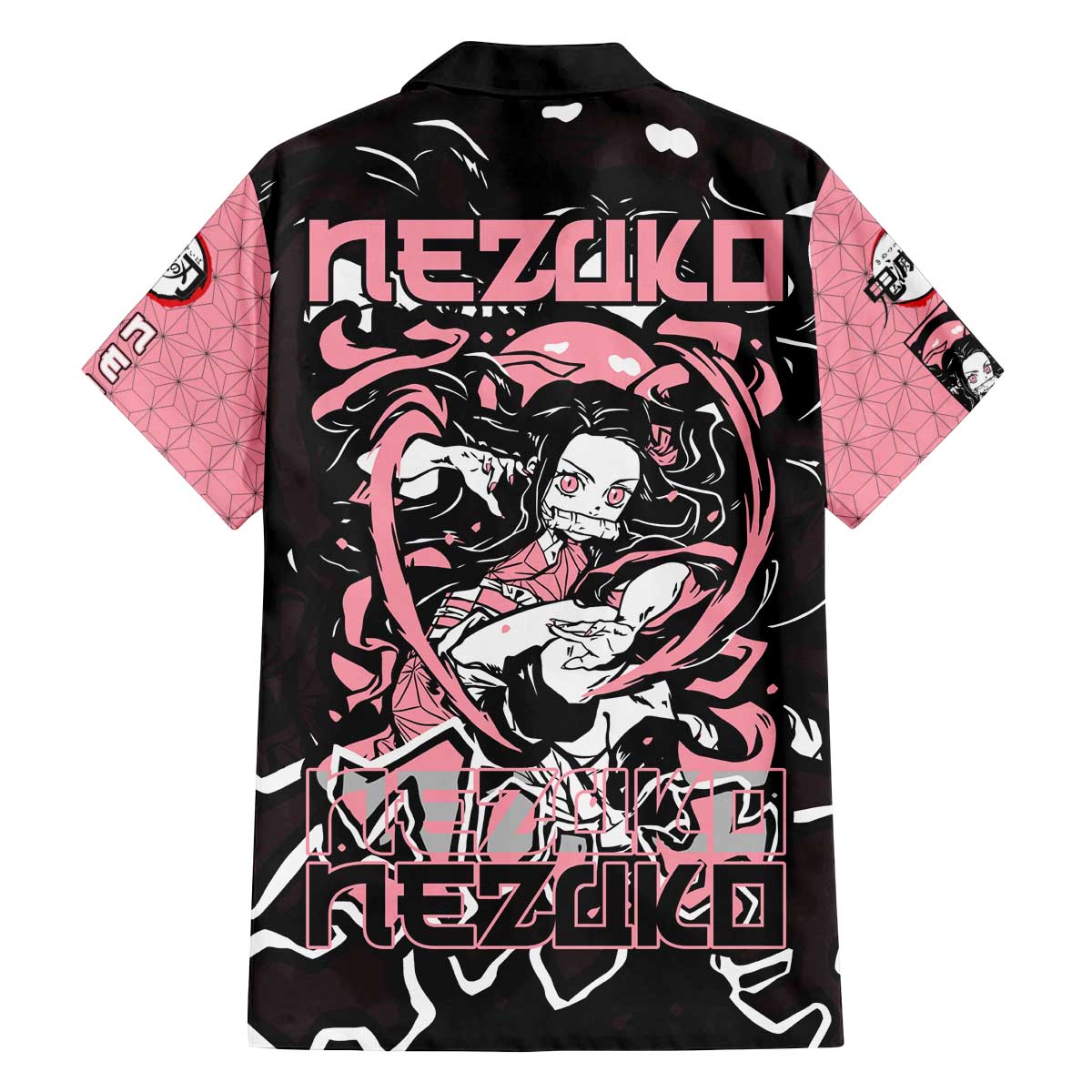 Nezuko Demon Slayer Family Matching Off The Shoulder Long Sleeve Dress and Hawaiian Shirt with Pink and Black Manga Style Design - The Mazicc