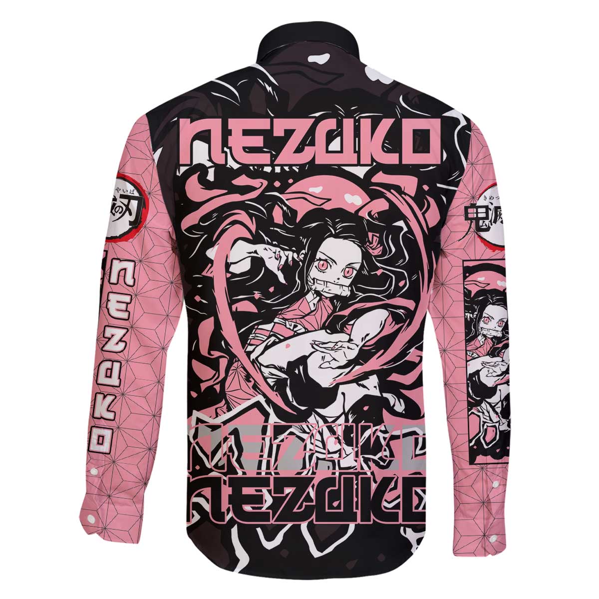 Nezuko Demon Slayer Family Matching Off The Shoulder Long Sleeve Dress and Hawaiian Shirt with Pink and Black Manga Style Design - The Mazicc
