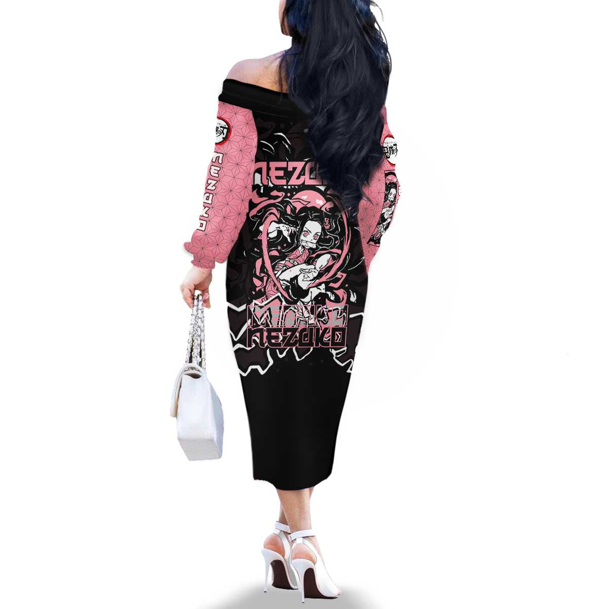 Nezuko Demon Slayer Family Matching Off The Shoulder Long Sleeve Dress and Hawaiian Shirt with Pink and Black Manga Style Design - The Mazicc