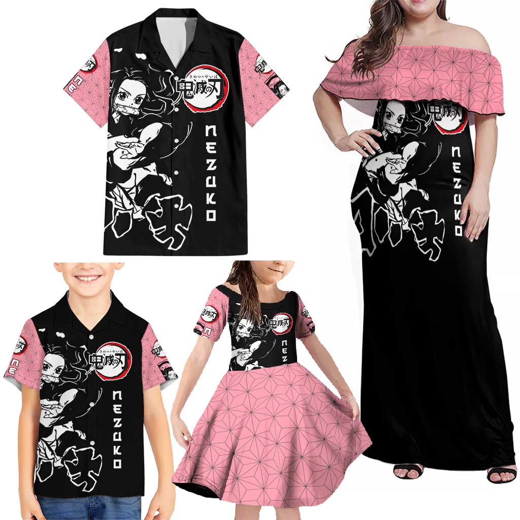 Nezuko Demon Slayer Family Matching Off Shoulder Maxi Dress and Hawaiian Shirt with Pink and Black Manga Style Design - The Mazicc