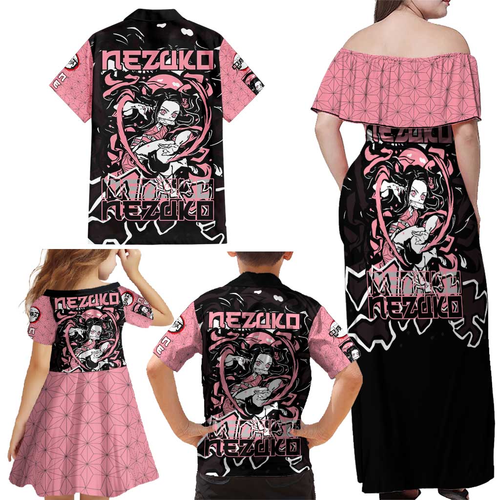 Nezuko Demon Slayer Family Matching Off Shoulder Maxi Dress and Hawaiian Shirt with Pink and Black Manga Style Design - The Mazicc