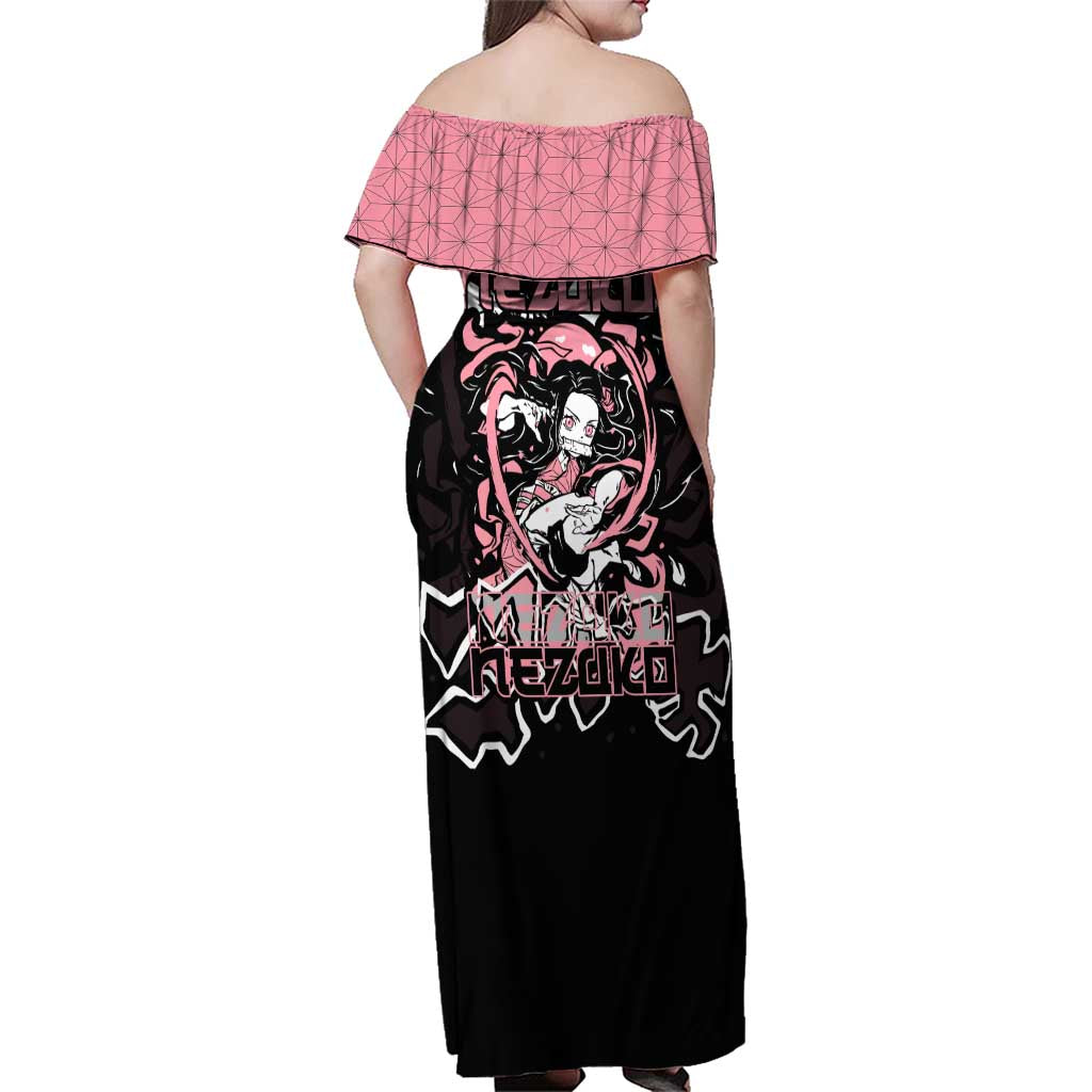 Nezuko Demon Slayer Family Matching Off Shoulder Maxi Dress and Hawaiian Shirt with Pink and Black Manga Style Design - The Mazicc