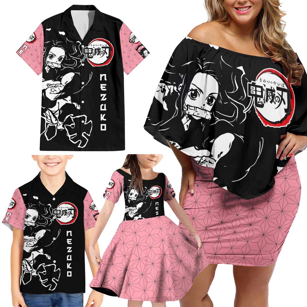 Nezuko Demon Slayer Family Matching Off Shoulder Short Dress and Hawaiian Shirt with Pink and Black Manga Style Design - The Mazicc