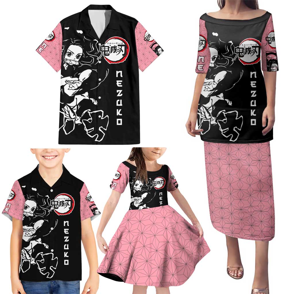 Nezuko Demon Slayer Family Matching Puletasi and Hawaiian Shirt with Pink and Black Manga Style Design - The Mazicc
