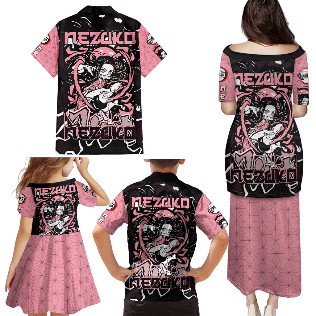 Nezuko Demon Slayer Family Matching Puletasi and Hawaiian Shirt with Pink and Black Manga Style Design - The Mazicc