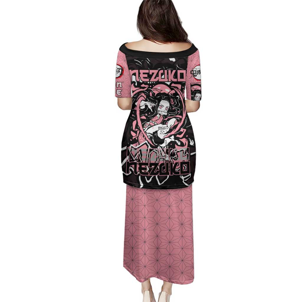 Nezuko Demon Slayer Family Matching Puletasi and Hawaiian Shirt with Pink and Black Manga Style Design - The Mazicc