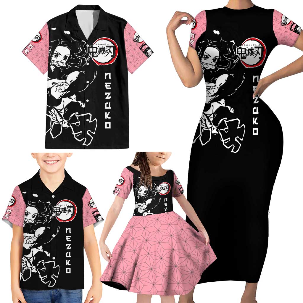 Nezuko Demon Slayer Family Matching Short Sleeve Bodycon Dress and Hawaiian Shirt with Pink and Black Manga Style Design - The Mazicc