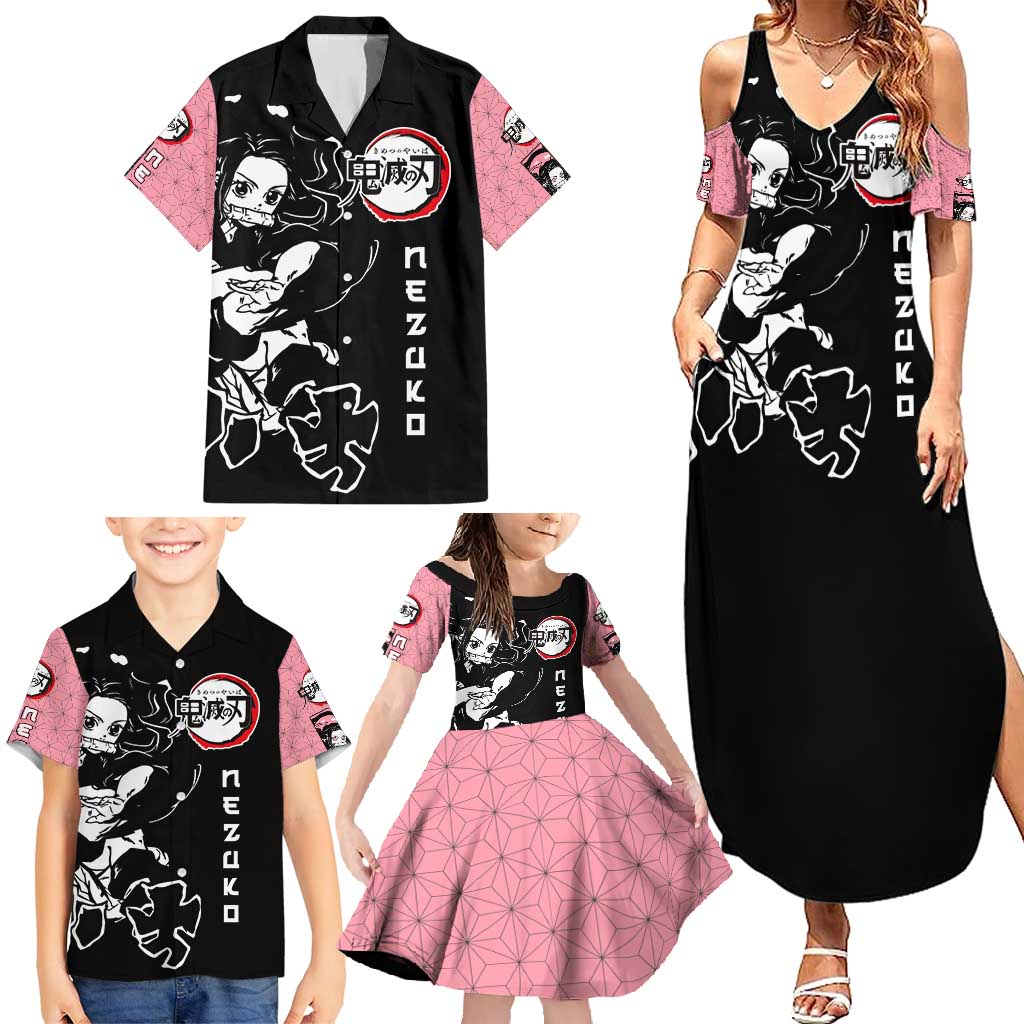 Nezuko Demon Slayer Family Matching Summer Maxi Dress and Hawaiian Shirt with Pink and Black Manga Style Design - The Mazicc