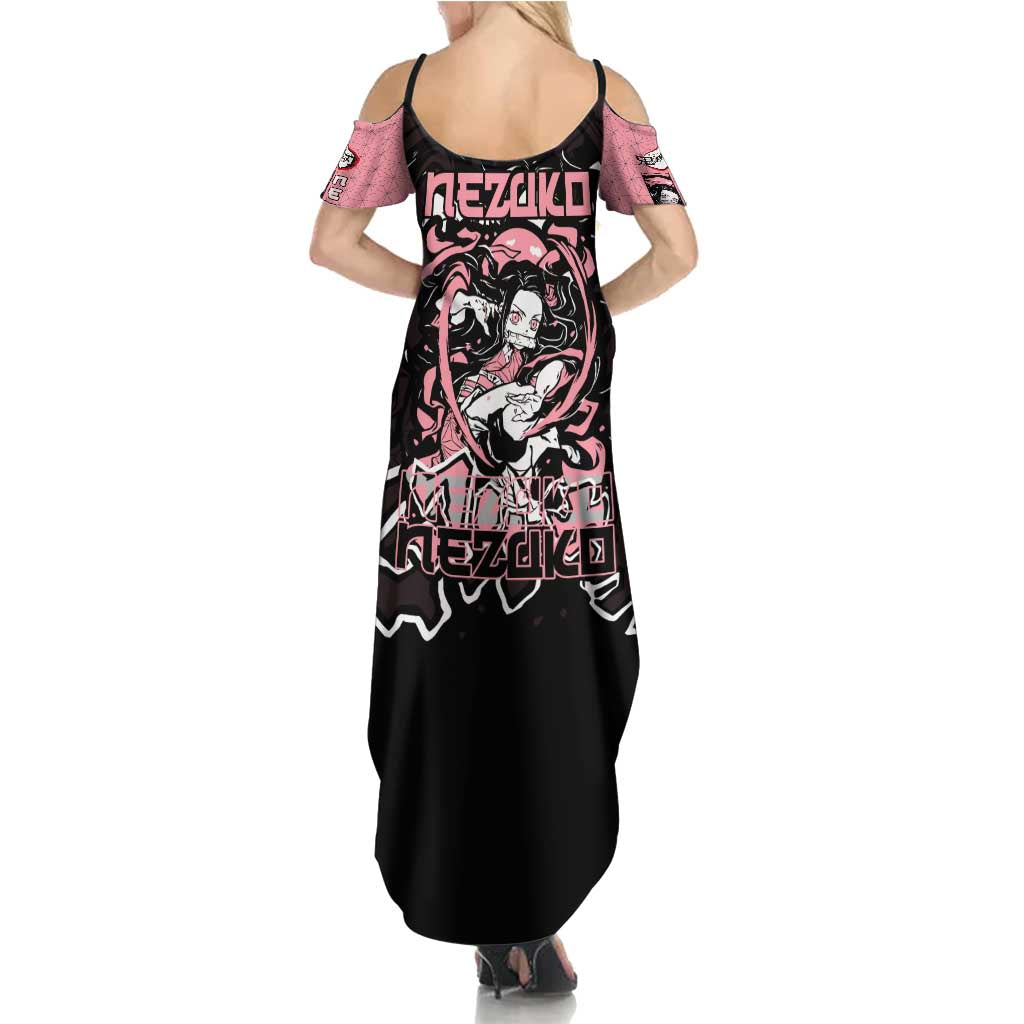 Nezuko Demon Slayer Family Matching Summer Maxi Dress and Hawaiian Shirt with Pink and Black Manga Style Design - The Mazicc