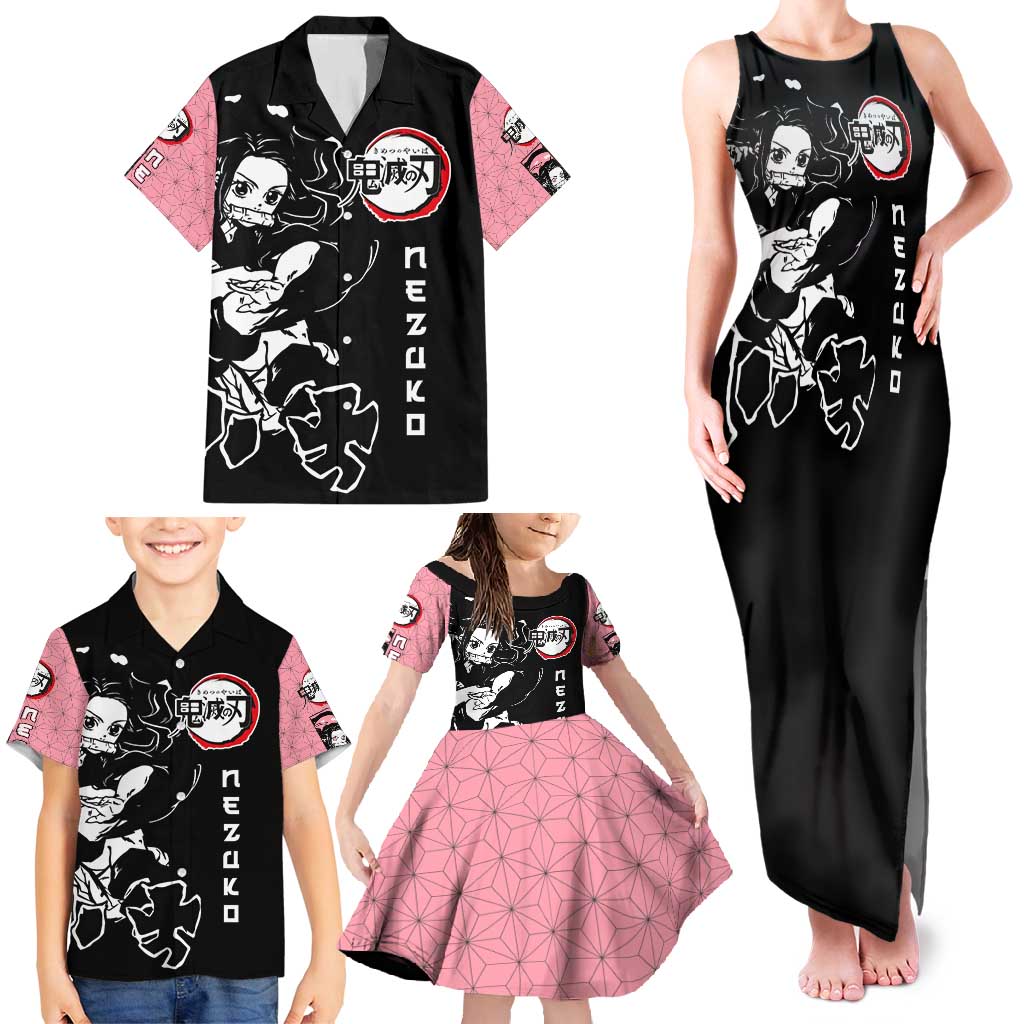 Nezuko Demon Slayer Family Matching Tank Maxi Dress and Hawaiian Shirt with Pink and Black Manga Style Design - The Mazicc