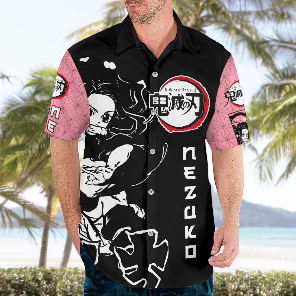 Nezuko Demon Slayer Hawaiian Shirt with Pink and Black Manga Style Design - The Mazicc
