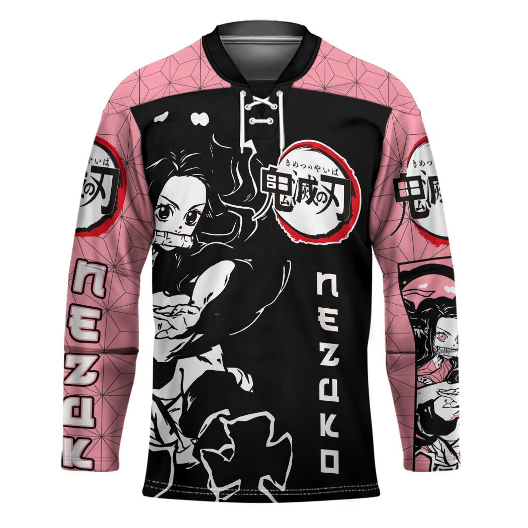 Nezuko Demon Slayer Hockey Jersey with Pink and Black Manga Style Design - The Mazicc