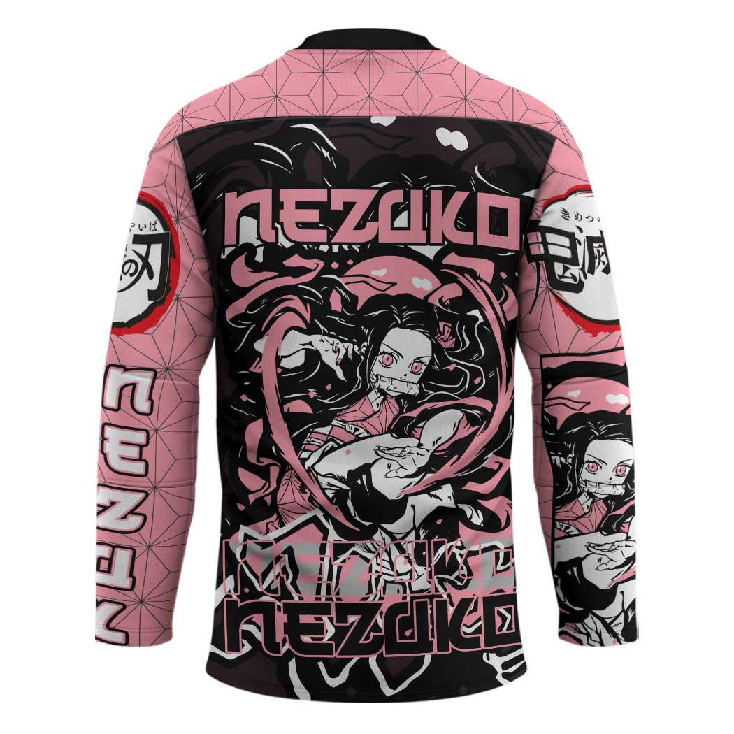Nezuko Demon Slayer Hockey Jersey with Pink and Black Manga Style Design - The Mazicc