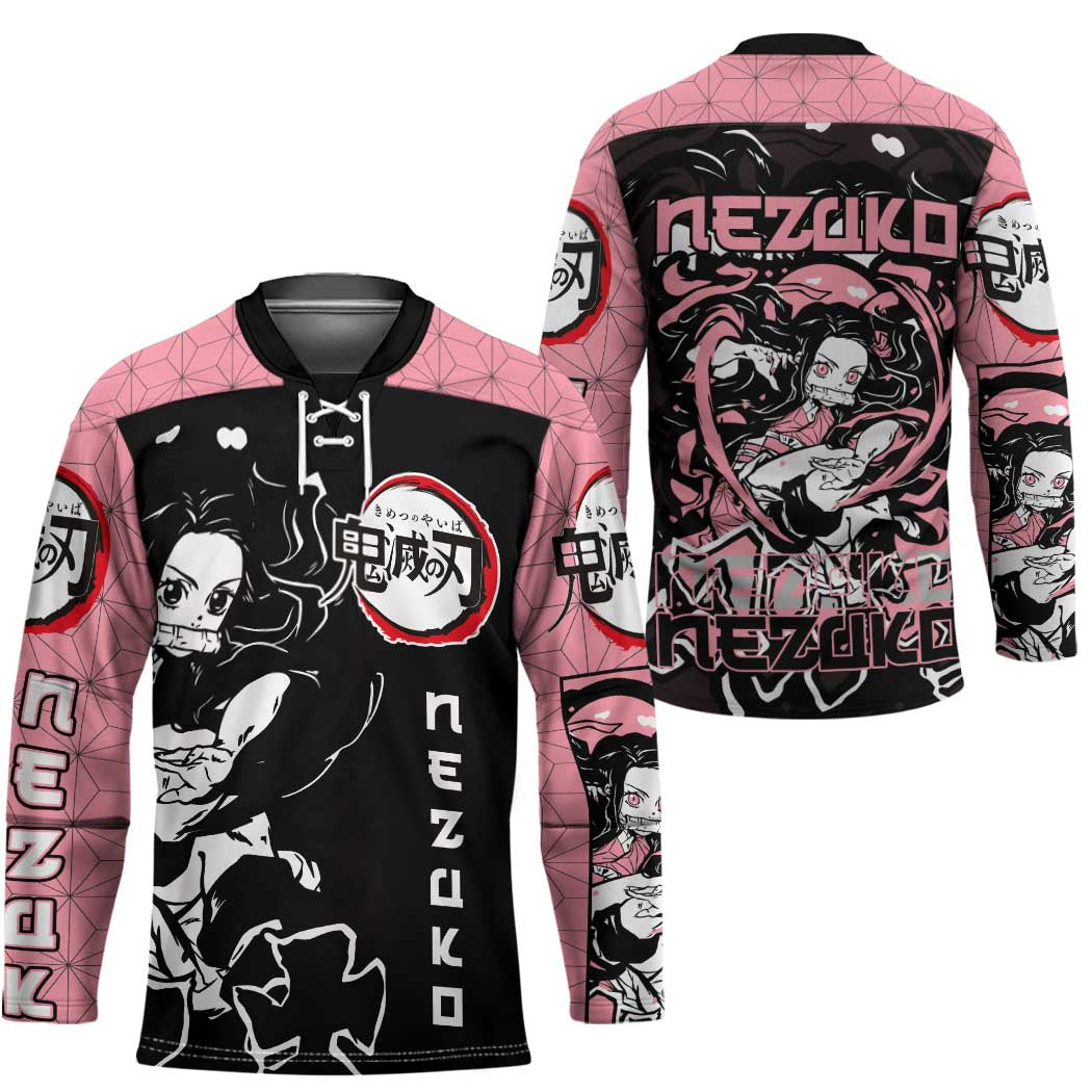 Nezuko Demon Slayer Hockey Jersey with Pink and Black Manga Style Design - The Mazicc
