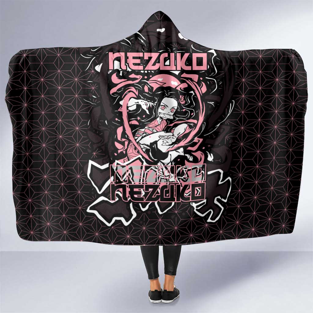 Nezuko Demon Slayer Hooded Blanket with Pink and Black Manga Style Design - The Mazicc