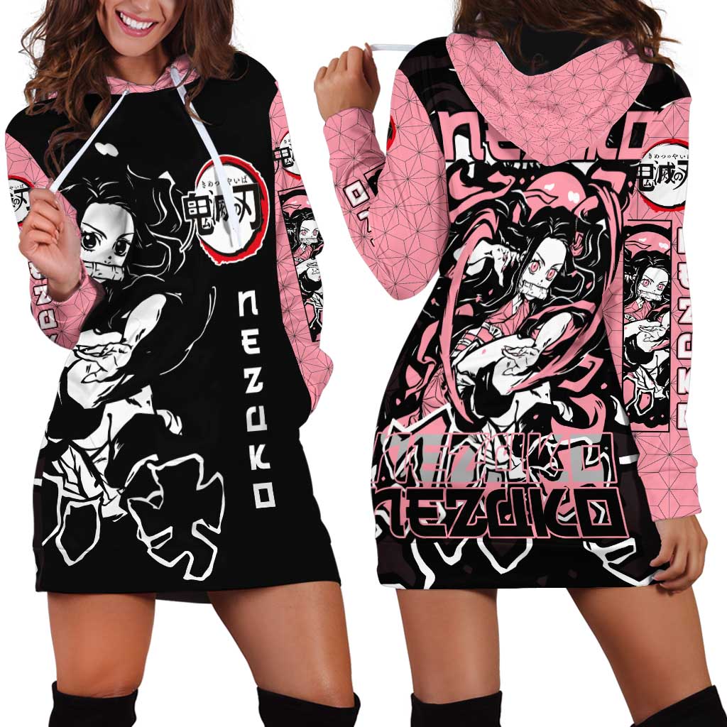 Nezuko Demon Slayer Hoodie Dress with Pink and Black Manga Style Design - The Mazicc
