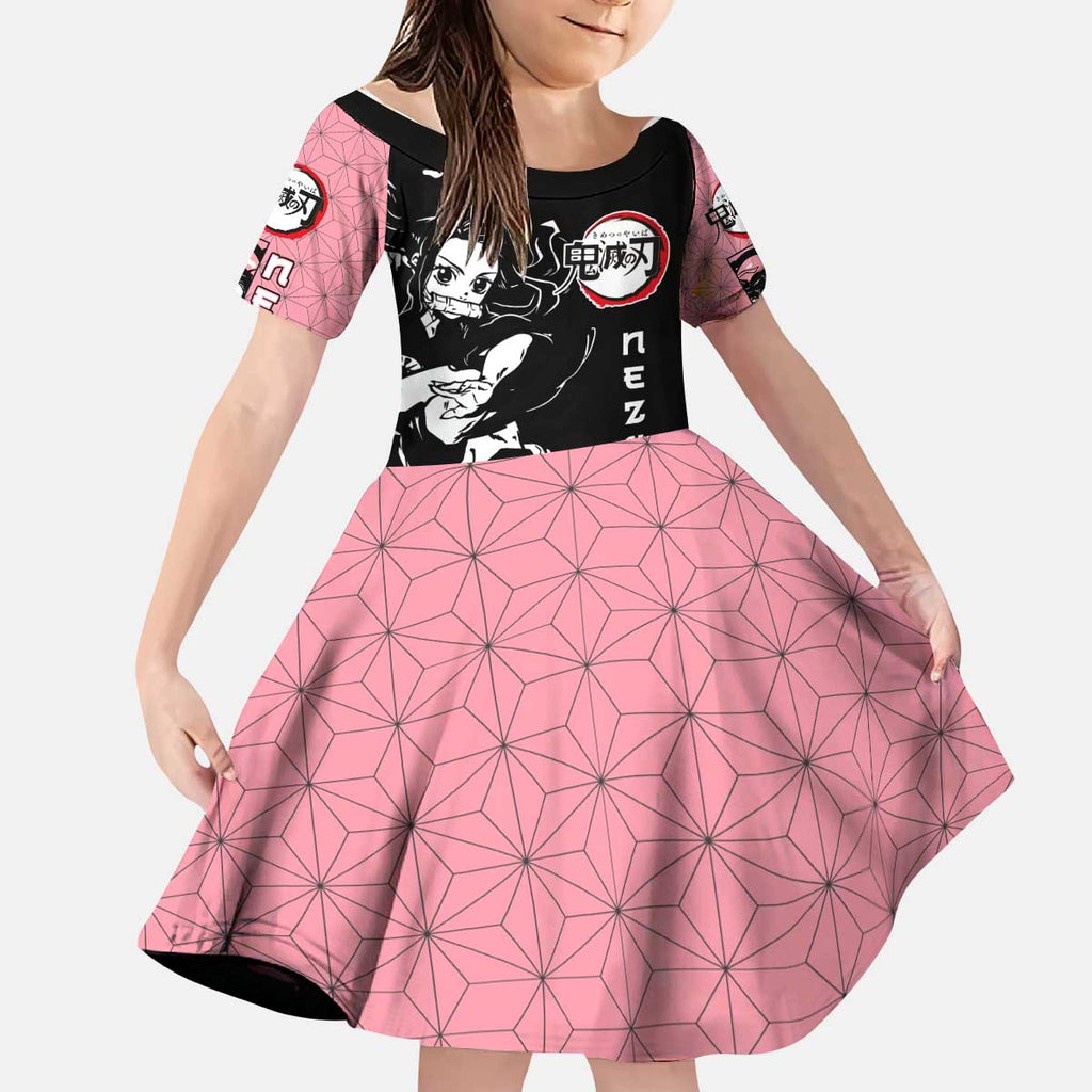 Nezuko Demon Slayer Kid Short Sleeve Dress with Pink and Black Manga Style Design - The Mazicc