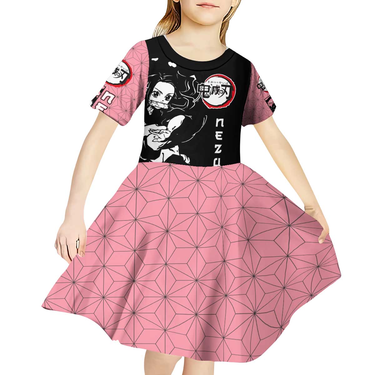 Nezuko Demon Slayer Kid Short Sleeve Dress with Pink and Black Manga Style Design - The Mazicc