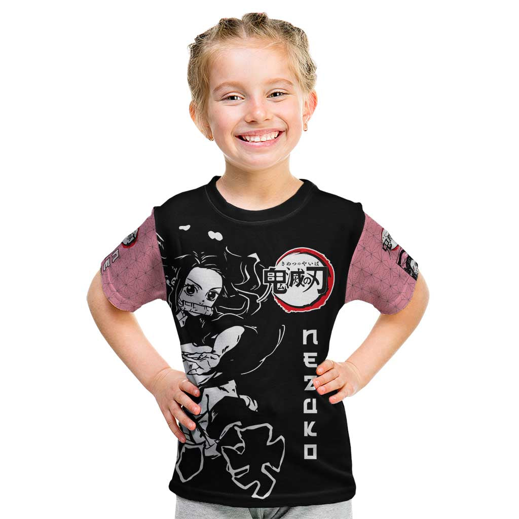 Nezuko Demon Slayer Kid T Shirt with Pink and Black Manga Style Design - The Mazicc