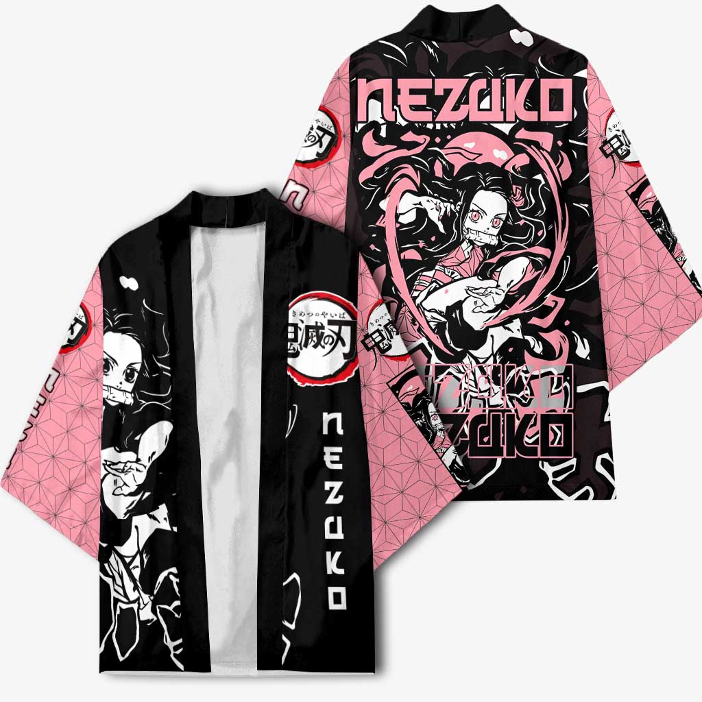 Nezuko Demon Slayer Kimono with Pink and Black Manga Style Design - The Mazicc