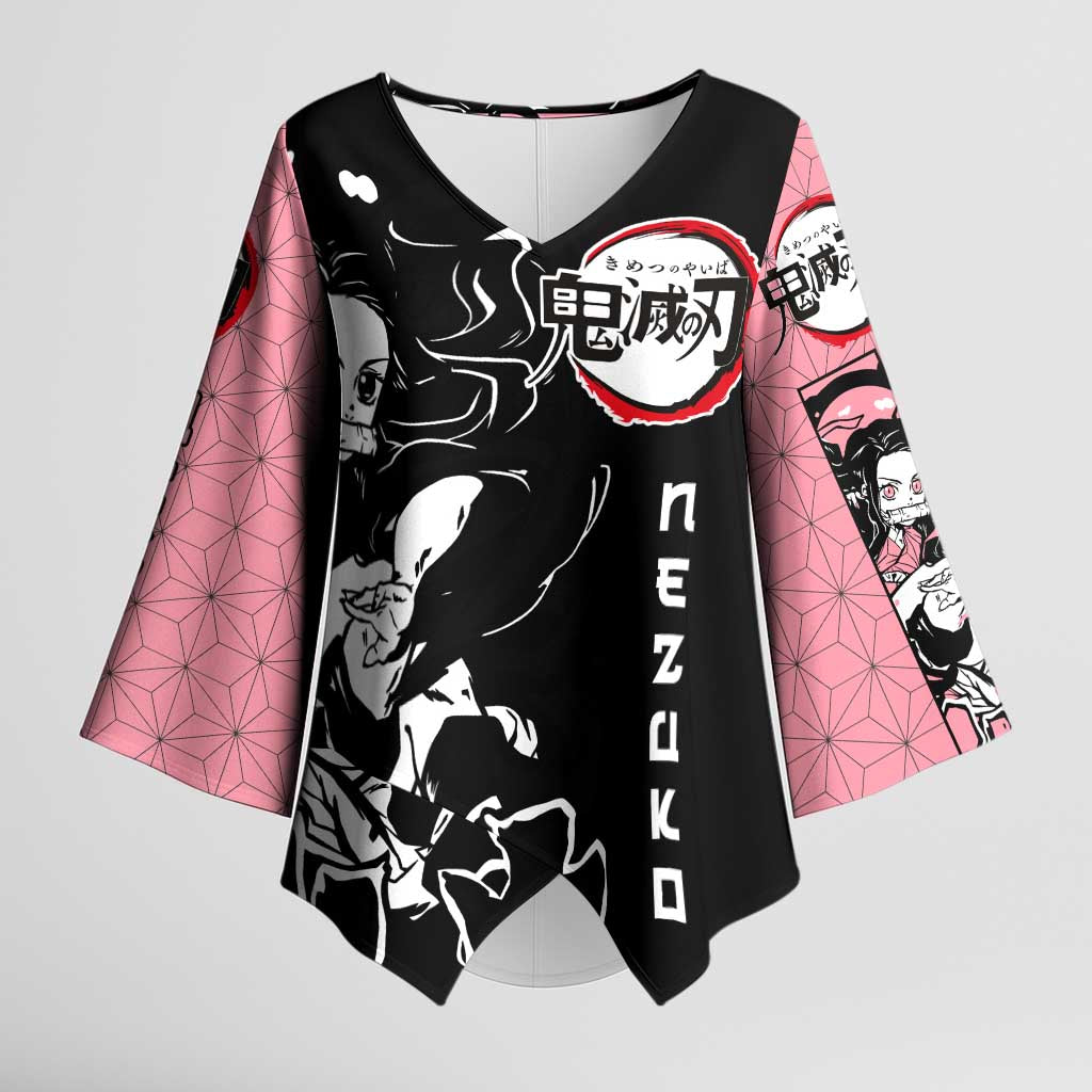 Nezuko Demon Slayer Kimono Sleeve Blouse with Pink and Black Manga Style Design - The Mazicc
