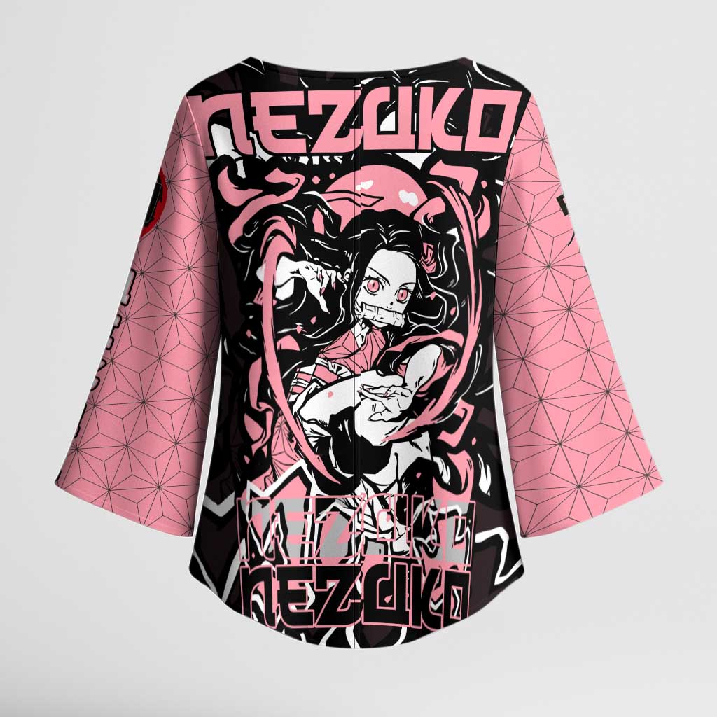 Nezuko Demon Slayer Kimono Sleeve Blouse with Pink and Black Manga Style Design - The Mazicc
