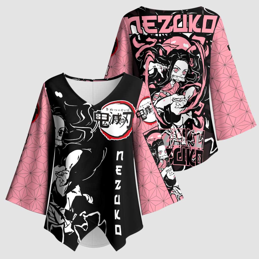 Nezuko Demon Slayer Kimono Sleeve Blouse with Pink and Black Manga Style Design - The Mazicc