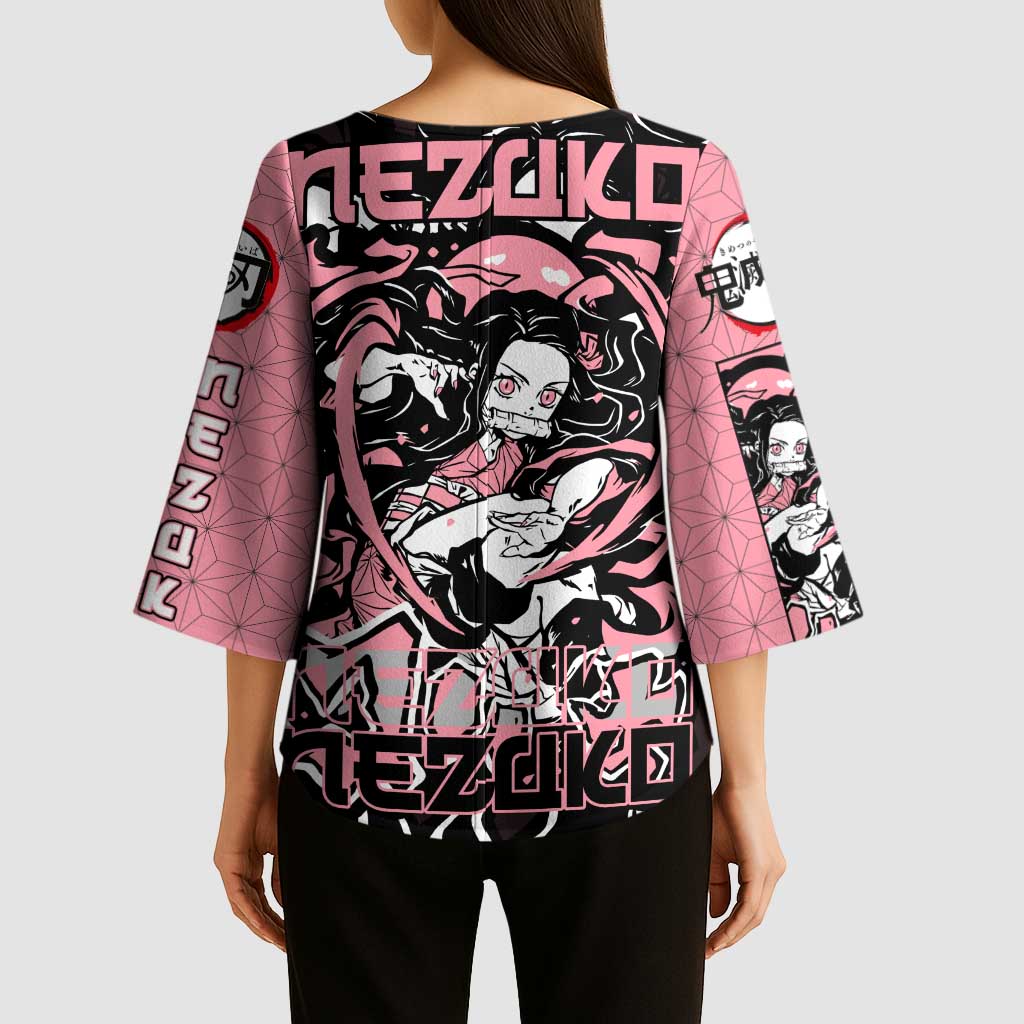 Nezuko Demon Slayer Kimono Sleeve Blouse with Pink and Black Manga Style Design - The Mazicc