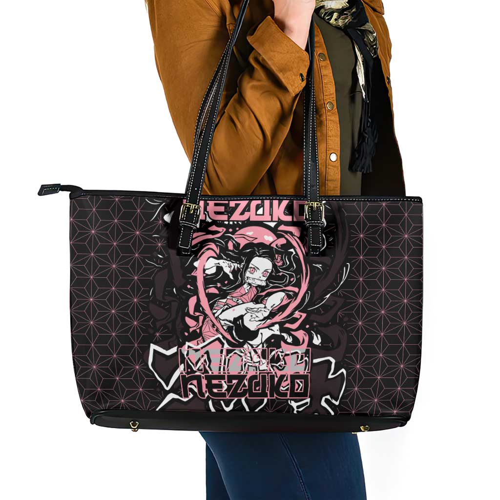 Nezuko Demon Slayer Leather Tote Bag with Pink and Black Manga Style Design - The Mazicc