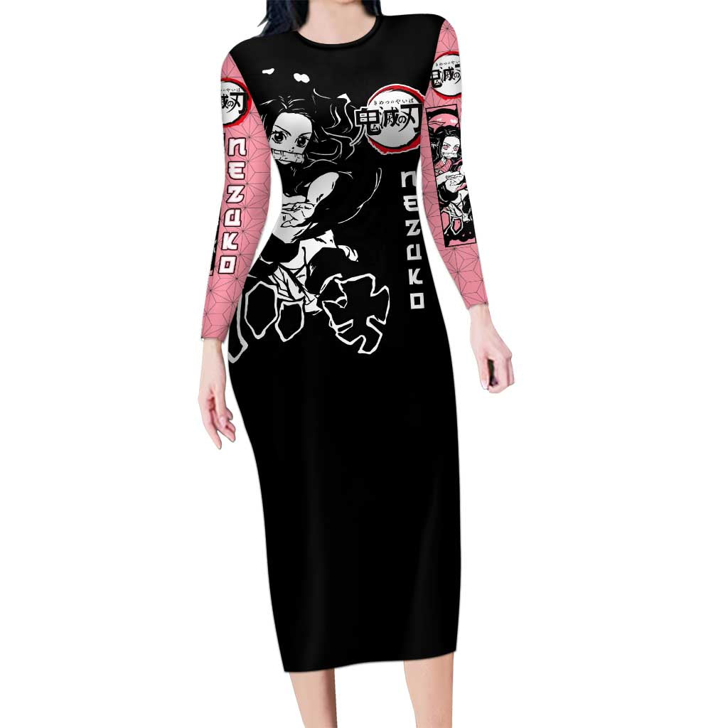 Nezuko Demon Slayer Long Sleeve Bodycon Dress with Pink and Black Manga Style Design - The Mazicc